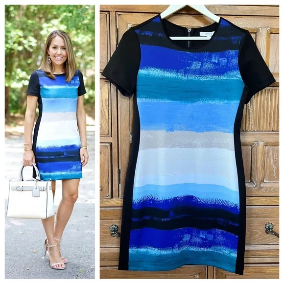 NWT REED by Reed Krakoff Striped Scuba Sheath Dress Ocean Blue - Picture 1 of 8